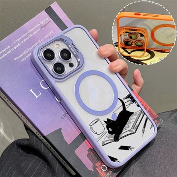 可愛貓咪 磁吸手機殼 金屬鏡頭支架 保護殼 適用於iPhone 17 16 15 14 13 12 11 Max防摔殼