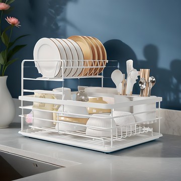 日常分享 廚房現代風雙層碗盤瀝水架  2層  1個  白色