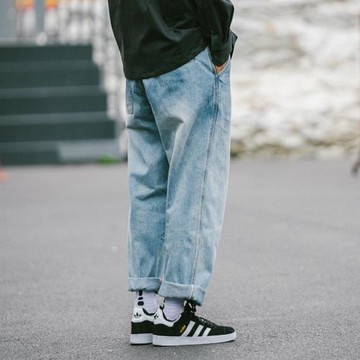 BDCT 日系阿美咔嘰腰帶寬松直筒牛仔褲 復古水洗做舊工裝休閑褲潮