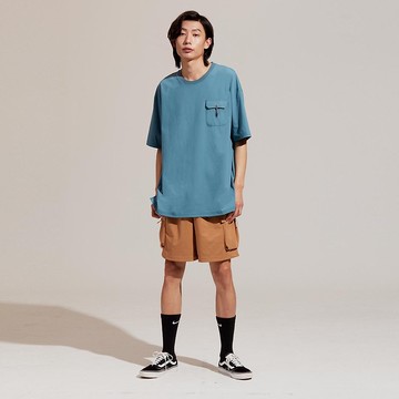 不可退換 /涼感蓋袋繩結圓領上衣-藍