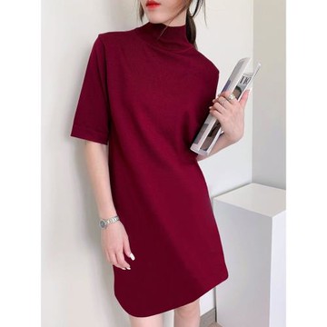 秋冬中長款半高領五分袖針織打底衫連衣裙純色直筒寬松顯瘦女上衣