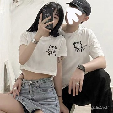 夏季情侶裝 一長一短情侶裝 學生上衣 韓版T恤 寬鬆短袖 小衆露臍裝 百搭T恤 新款短袖 圓領短袖 小衆情侶裝 寬鬆上衣