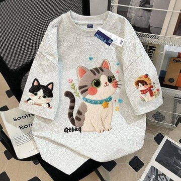 🎁2026童裝熱賣款🎁女童純棉短袖T恤夏季2026新款仿刺繡印花卡通貓咪中大童寬鬆上衣