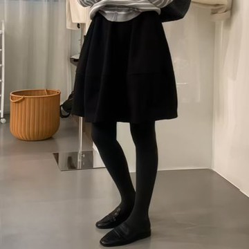 La Belleza素色加厚高腰簡約百搭毛呢半身裙女鬆緊腰花苞中裙傘裙