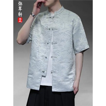 中國風夏季寬松大碼短袖新中式男裝復古盤扣唐裝立領百搭提花襯衫