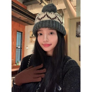 韓系新款ins復古提花毛線帽女秋冬季可愛毛球針織帽滑雪保暖帽子