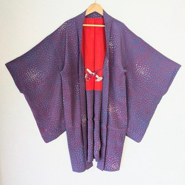 Japanese Vintage Haori 羽織 正絹 縮緬 藍 紅 菊紋 古布 時代布 獨一無二 大正浪漫 和洋混搭