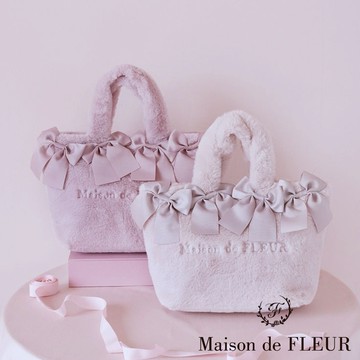 Maison de FLEUR 淡粉蝴蝶結毛茸茸質感手提/側背包(08000915900)