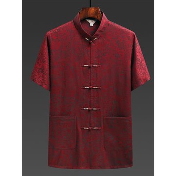 中老年短袖唐裝男士夏季老人套裝冰絲綢緞薄款休閑中式國風爸爸裝