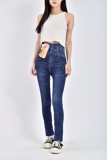 加購優惠(S) homey高腰質感棉質鬆緊腰內刷毛牛仔褲印花藍色長褲