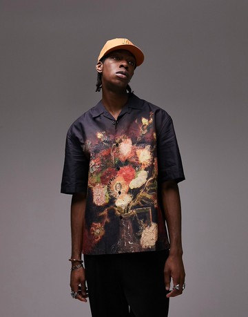 Topman Van Gogh flowers shirt in black-Multi