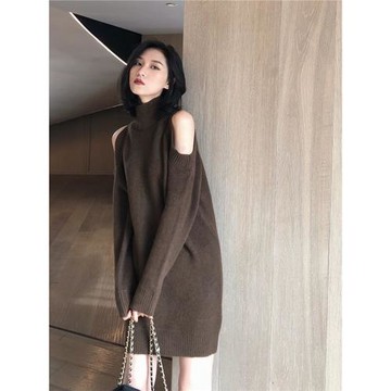小個子慵懶風長袖高領內搭毛衣裙女秋冬中長款性感露肩針織連衣裙