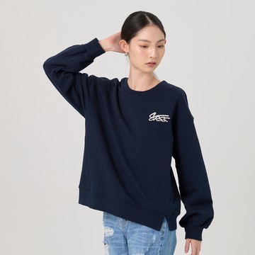 【ERSS】女裝 長袖上衣 厚T 素色 純棉 百搭 LOGO 寬鬆 小開衩 丈青【K60233】