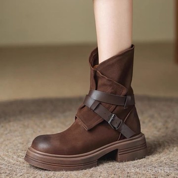 🔥可開發票#2025新款鞦鼕季ins小衆~軟皮側拉鏈厚底馬丁靴女粗跟法式複古短靴#免運