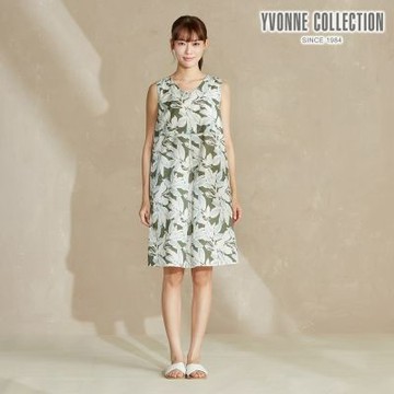 YVONNE 以旺傢飾 棉麻印花無袖洋裝-橄欖綠