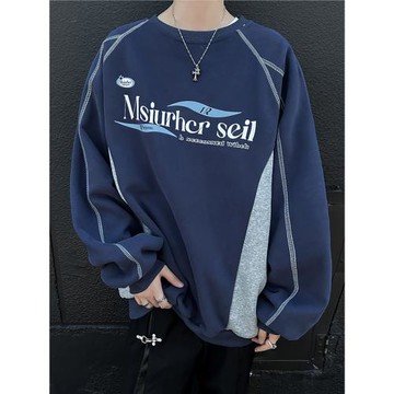 美式重磅撞色圓領衛衣男女2024秋季新款長袖運動休閑寬松套頭上衣