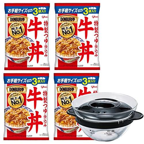 グリコ DONBUR亭 3食パック 牛丼 4個 ＆ HARIO ガラスのレンジおかず鍋 セット