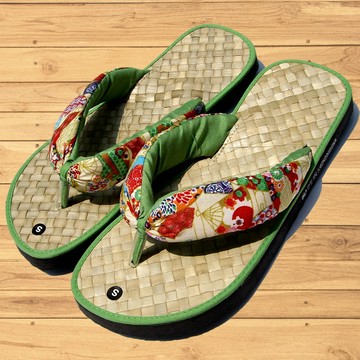 和風花漾手工草編拖鞋-綠色夾腳
