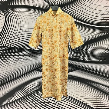 二手 古董訂製 棕咖 刺繡 輕薄 五分袖 旗袍 CA404