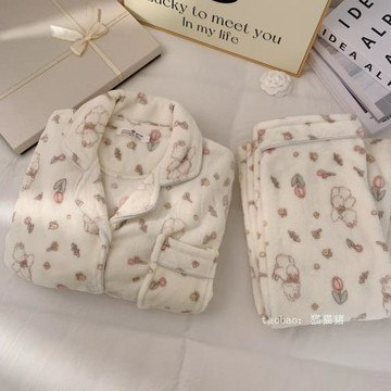 郁金香兔子珊瑚絨睡衣女秋冬天加絨加厚法蘭絨大碼套裝保暖家居服
