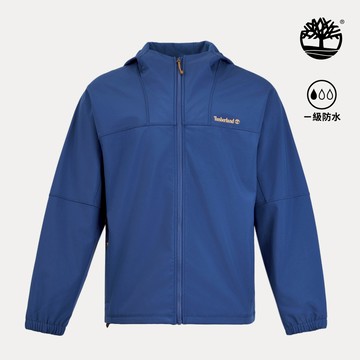 Timberland 男款藍色寬版防潑水軟殼連帽外套|0YH6JEYO