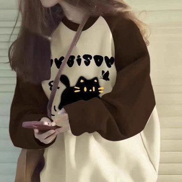 衛衣 連帽衛衣 女裝 大學t 上衣 百搭 美式復古拼色圓領衛衣寬鬆休閒時尚百搭洋氣加絨加厚上衣秋冬季