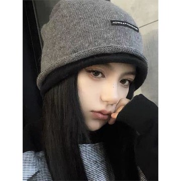日系雙層字母卷邊包頭帽子女百搭個性加絨冬季堆堆帽保暖護耳冷帽