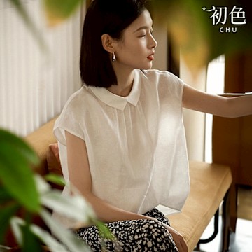 初色 韓版簡約純色個性前後雙穿寬鬆顯瘦娃娃領小飛袖短袖襯上衣女上衣-白色-12526(M-XL可選)