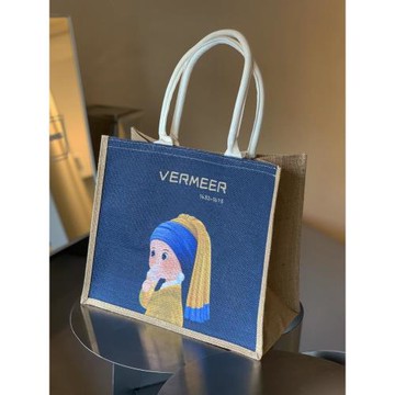 原創名畫手提袋大容量方單肩包托特包黃麻大號購物袋上班用麻布包