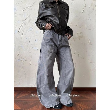 美式解構水洗牛仔褲男潮做舊髒染復古休閒拖地彎刀寬褲子男