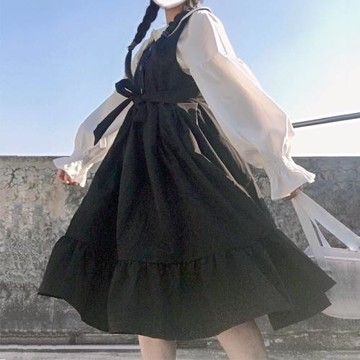 2024秋季套裝女學生寬松燈籠袖白襯衫洛麗塔顯瘦背心連衣裙兩件套