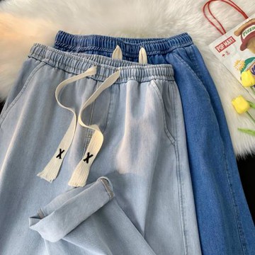 牛仔褲男秋冬季潮流直筒寬松休閑港風老爹純色編織抽繩闊腿長褲子