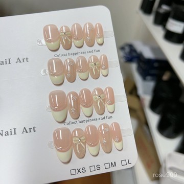 ➕最新設計款穿戴甲💅少女心事冰糯蝴蝶結元氣少女高顔值鵝黃冰透簡約顯白手工穿戴美甲短橢圓穿戴甲 P63N