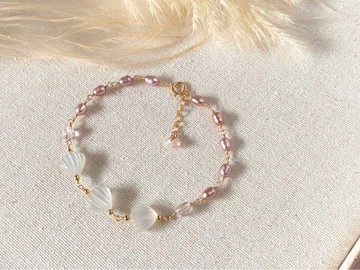 天然淡水紫珍珠 白月光石 粉紅摩根石 || 14KGF注金手鍊