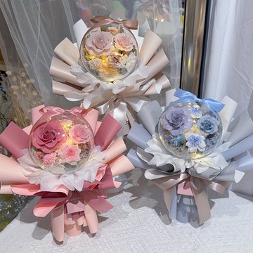 FengFlower【燈絲款壓克力波波球不凋玫瑰花束】乾燥花/永生花材