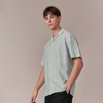 GIORDANO  男裝棉麻襯衫 - 03 綠白條紋