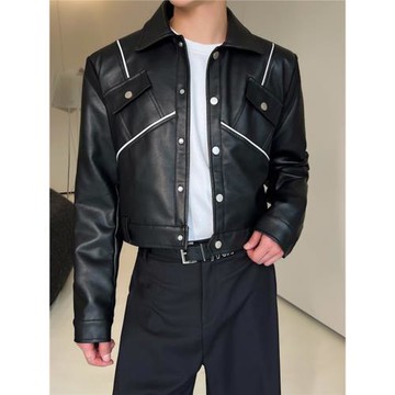 輕奢風秋季個性拼接短款皮衣外套男潮流百搭高級感痞帥夾克