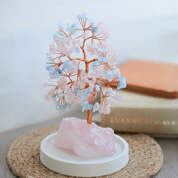 雙色水晶樹 粉晶 海藍寶石 開運發財樹擺件 新年禮物 新婚賀禮