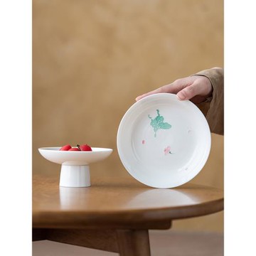 畫續白瓷手繪青黛蝶舞高足茶點盤家用陶瓷糕點盤茶室精美水果盤