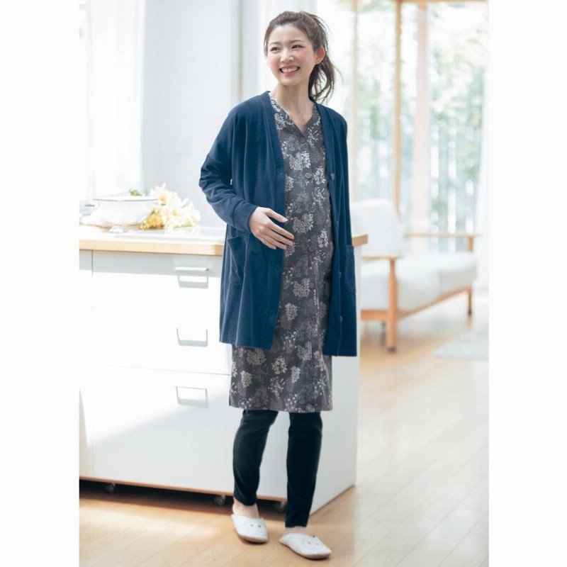 パジャマ マタニティ マタニティパジャマ 長袖 授乳対応 ワンピース レギンス カーディガン 3点セット 入院用 秋 冬 ネイビー系 M L Ll 通販 Lineポイント最大0 5 Get Lineショッピング