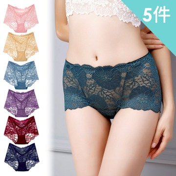 【AINWEI 艾妮薇】現貨 無痕包臀花朵蕾絲中腰內褲(超值5件組-顏色隨機)