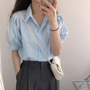 學院風 泡泡袖 高級感穿搭 夏季女裝 設計感 小清新 百搭簡約氣質翻領 襯衫女上衣 韓系穿搭 短版上衣 襯衫女 短袖襯衫
