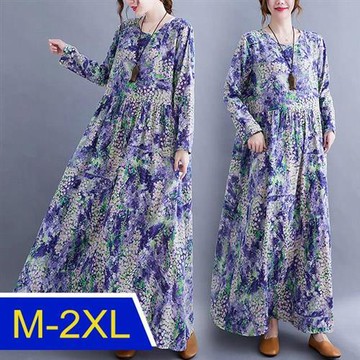 【韓國K.W.】正韓保暖魅力印花棉麻洋裝(中長裙/長袖洋裝/秋裝/新品)