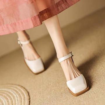 真皮包頭涼鞋女夏2023新款溫柔配裙子粗跟中空單鞋高跟瑪麗珍女鞋