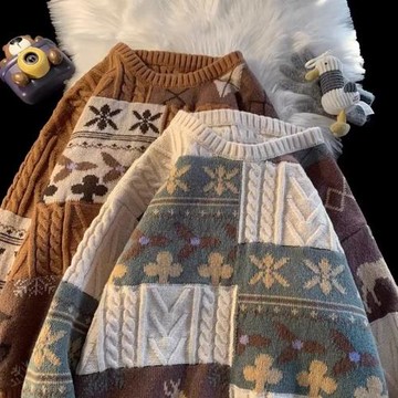 拼接麻花鹿毛絨毛衣男女款秋冬季寬松圓領針織衫加厚休閑保暖線衣