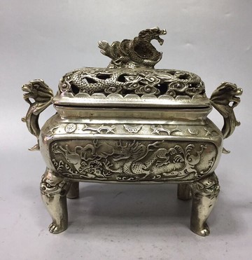 古玩銅器 大明宣德年制龍鎮四方銅香爐擺件 白銅仿古熏香爐收藏