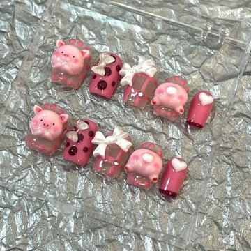 附工具包 純手工穿戴甲玫紅小肥豬顯白可愛手工光療甲短甲定制可拆卸美甲