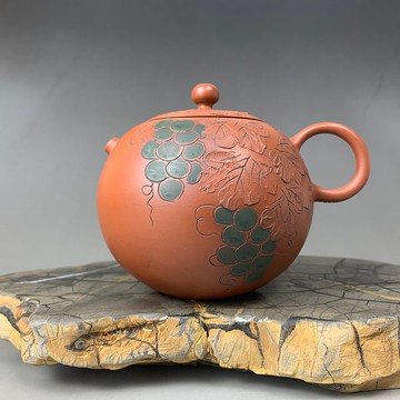 台灣【朱泥】手拉坏 短嘴西施 雕刻壺04