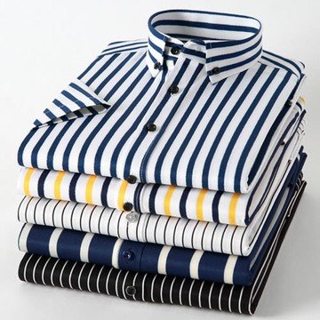 2025夏季新款修身男士短袖襯衫免燙休閑薄款襯衣時尚條紋彈力寸衫