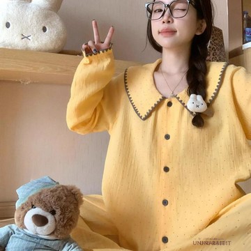 花邊簡約撞色波點長袖長褲睡衣女甜美少女春秋季高級感可外穿套裝寬鬆睡衣可愛睡衣韓版睡衣睡衣長袖睡衣女生